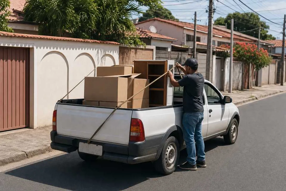 Trabalhador amarrando móvel e caixas em caminhonete branca para carreto e frete pequeno em Dourados